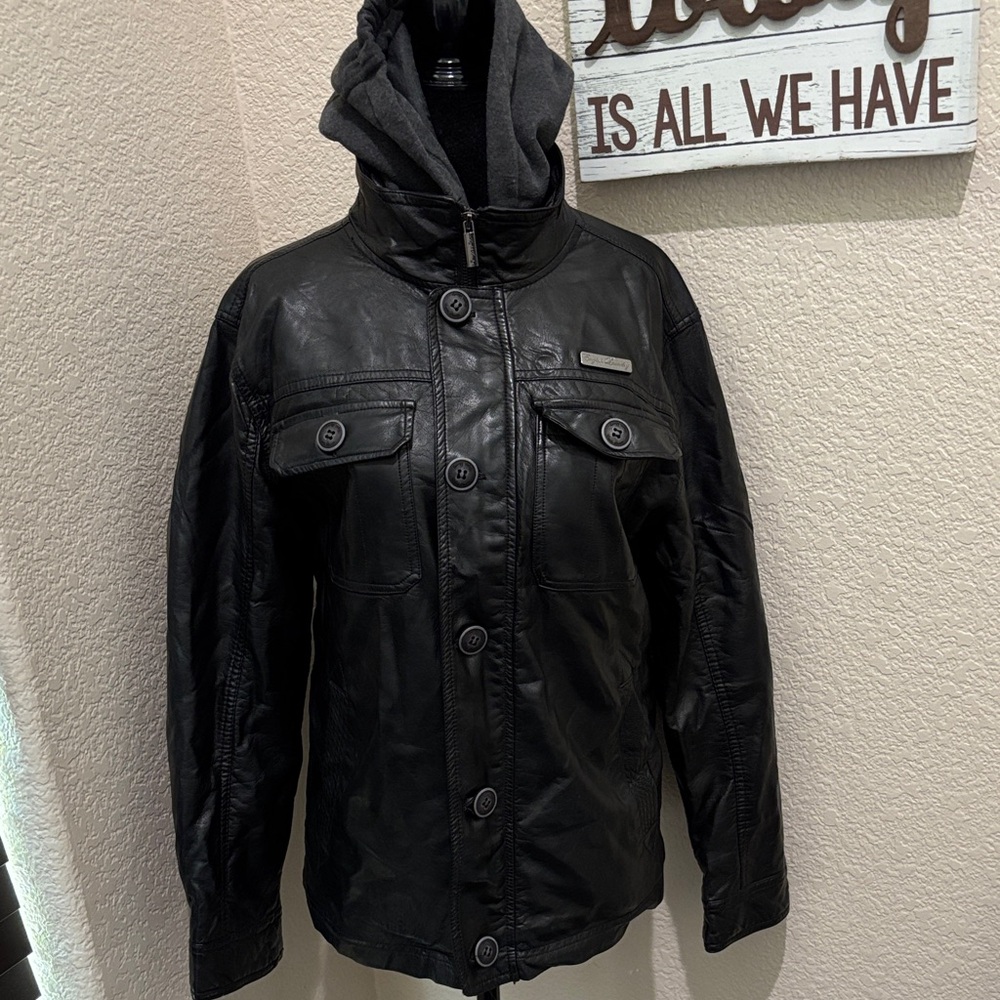 English Laundry Black Leather Jacket with Hood